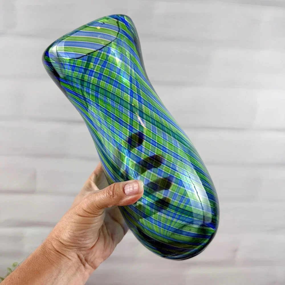 Italian Art Glass Vase Blue Green Striped Blown Glass Murano Mid Century